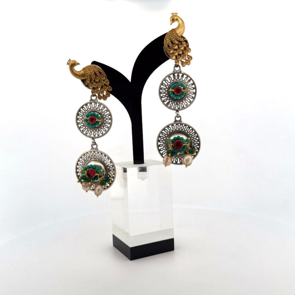Peacock Grace Dual-Tone Earrings - Image 4