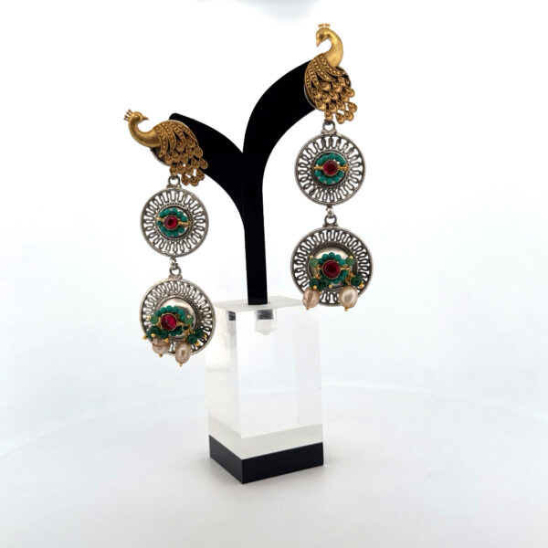 Peacock Grace Dual-Tone Earrings - Image 2